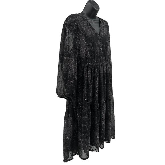 Torrid Midi Dress WMNS 2X Black Gray Swiss Dot Sheer Tiered Long Sleeve V-Neck - Picture 3 of 6